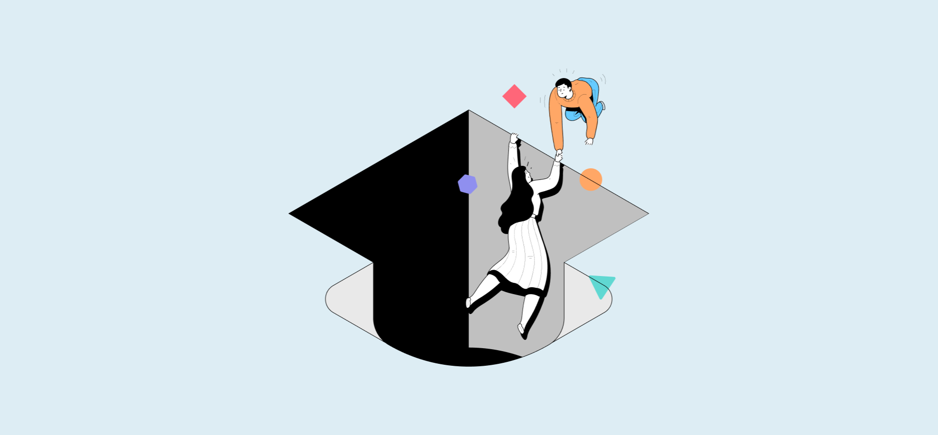 An illustration of a man pulling a woman out of a hole, representing the difference between customer support and customer service in ticket escalation.