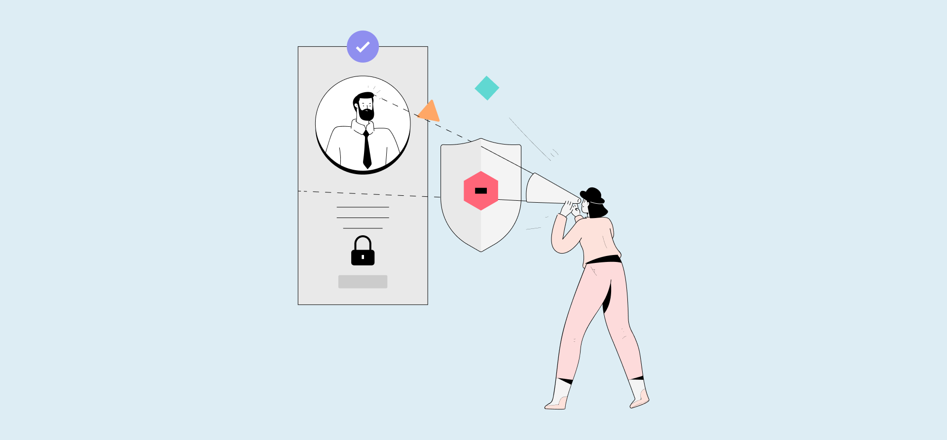 An illustration of a woman looking at a man above a lock icon, representing devops incident management.