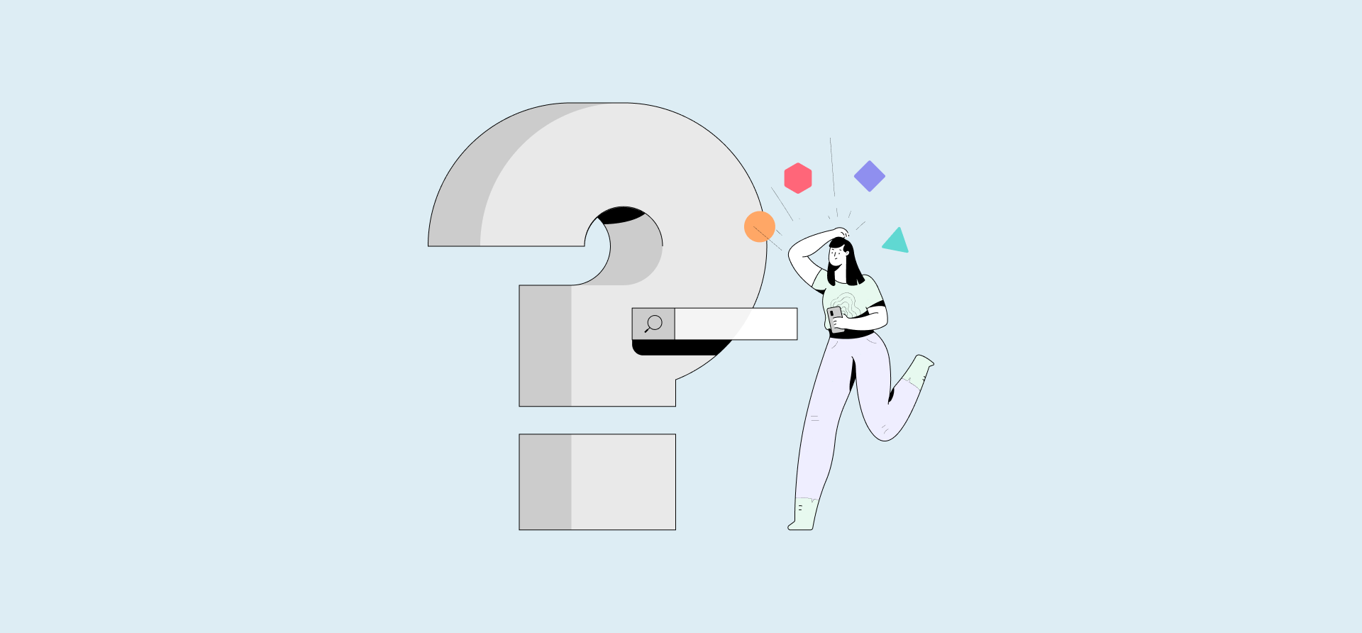 An illustration of a woman with a question mark, representing an IT support process.