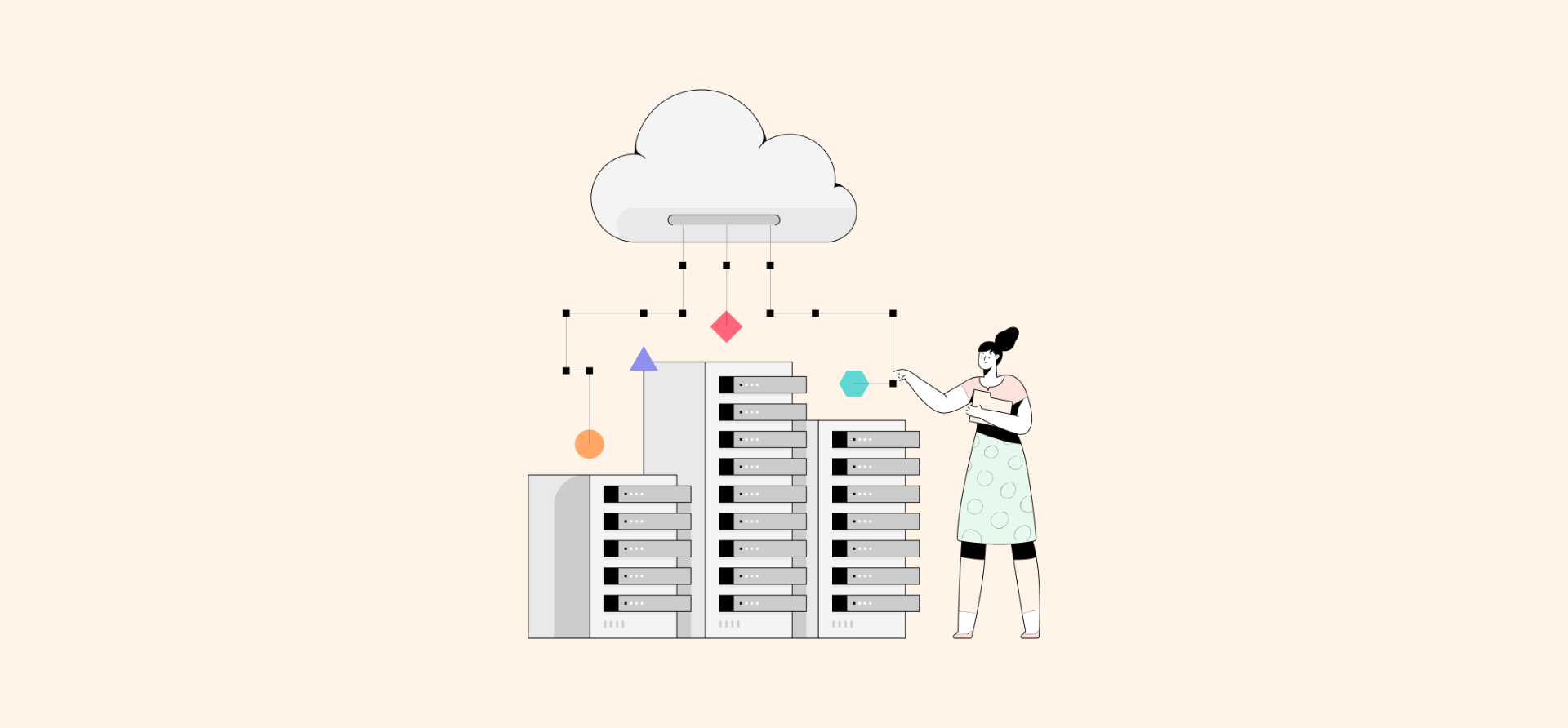 An illustration of a woman watching a stack of servers, representing a guide to root cause analysis.