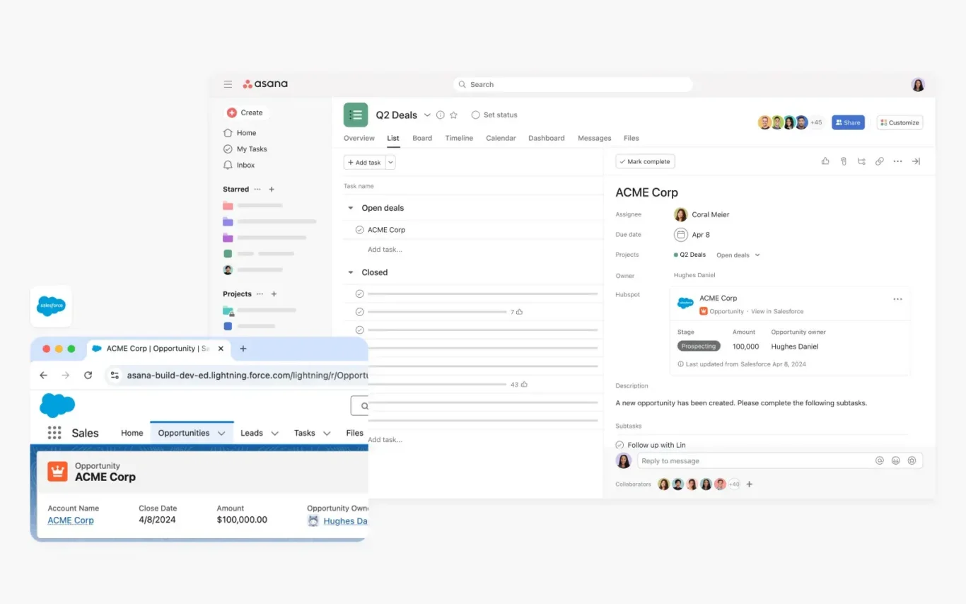 A screenshot of Asana's built-in Salesforce integration.