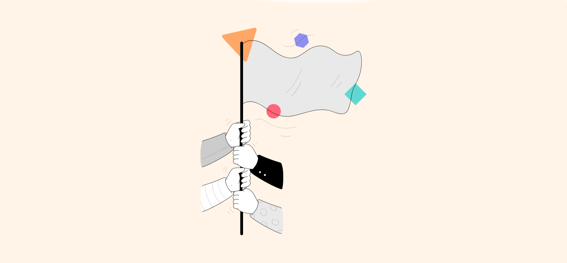 An illustration of four hands holding a flag, representing a guide to sla-aware ticket escalation workflows.