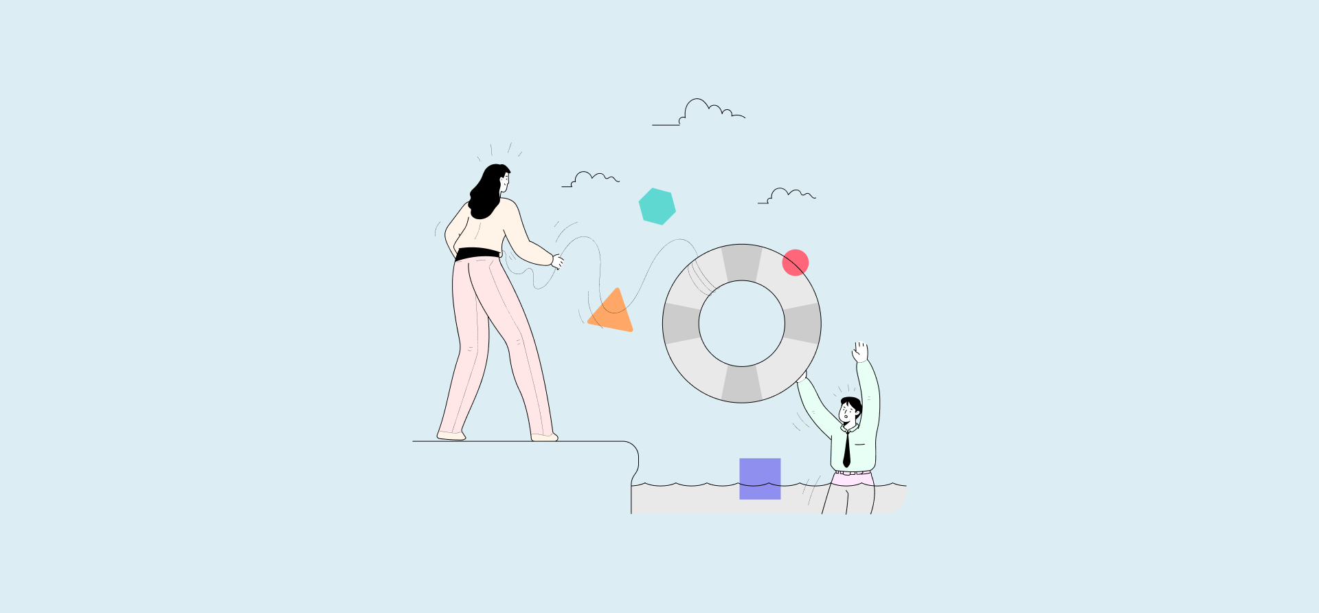 An illustration of a woman throwing a life preserver to a man, representing a support ticket workflow.