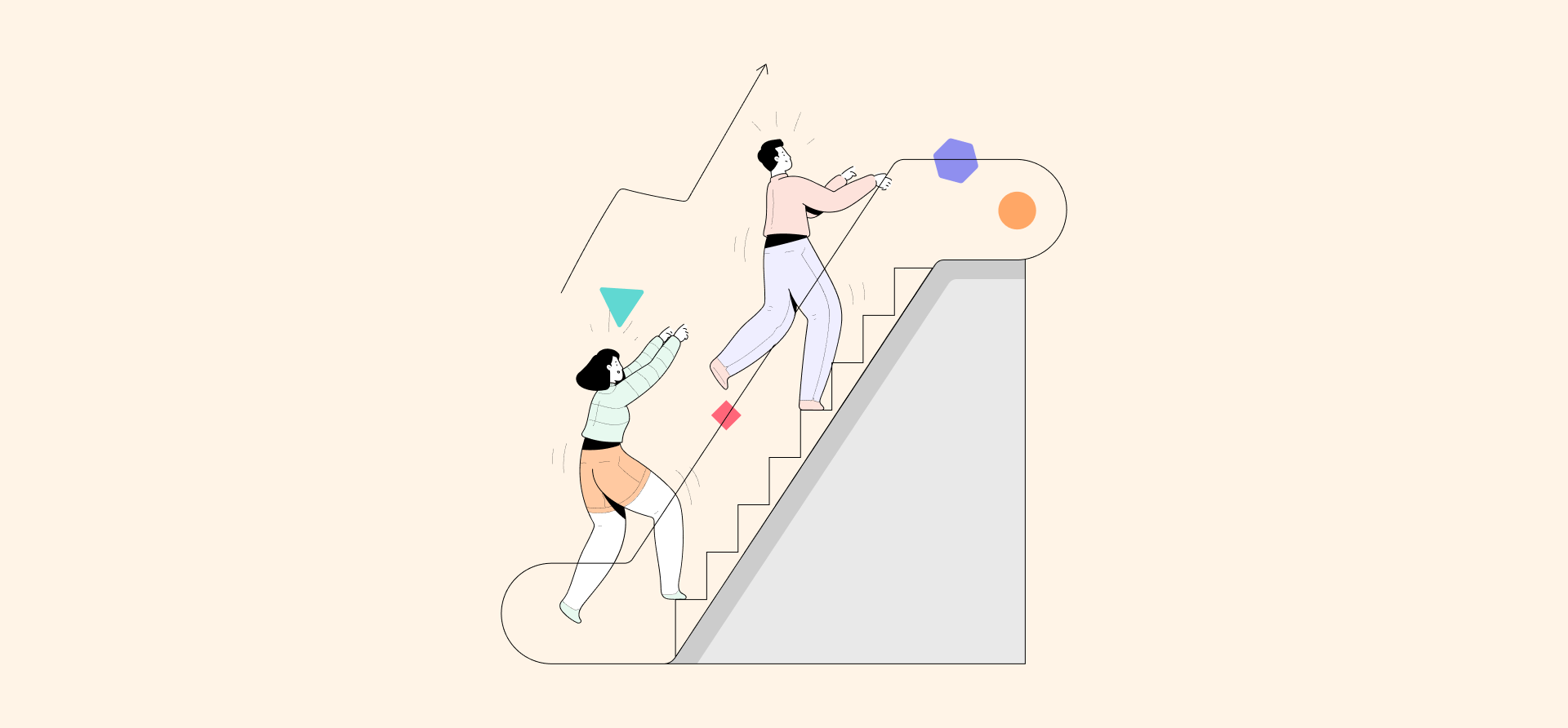 An illustration of a man and woman going up an escalator, representing a guide to the ticket escalation workflow.