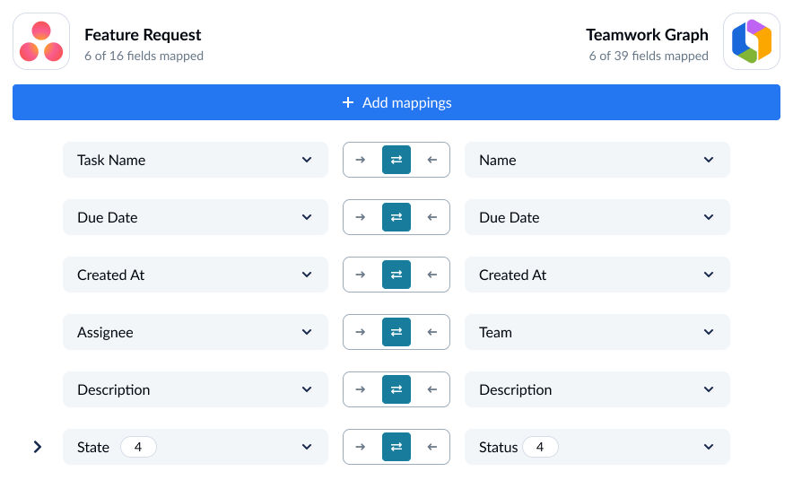 A screenshot of the field mapping screen in Unito, with Asana and Rovo connected.
