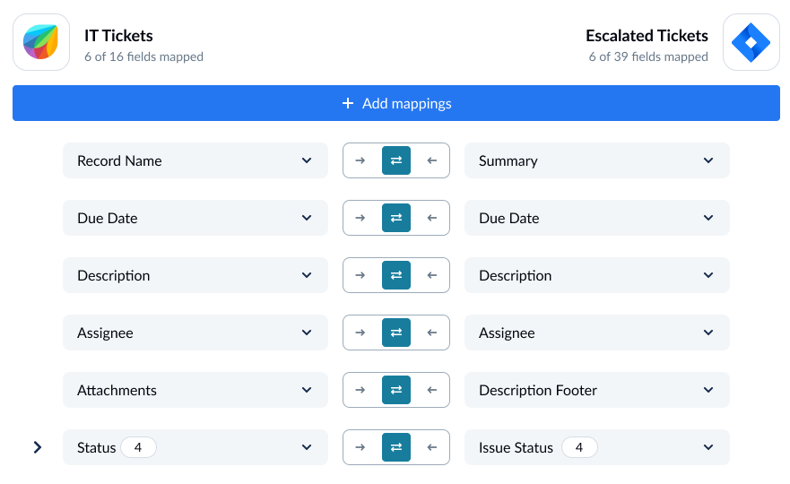 A screenshot of the field mapping screen in Unito, with Freshservice and Jira connected.