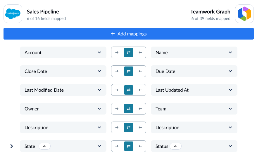 A screenshot of the field mapping screen in Unito, with Salesforce and Rovo connected.