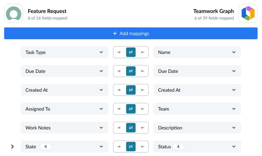 A screenshot of the field mapping screen in Unito, with ServiceNow and Rovo connected.
