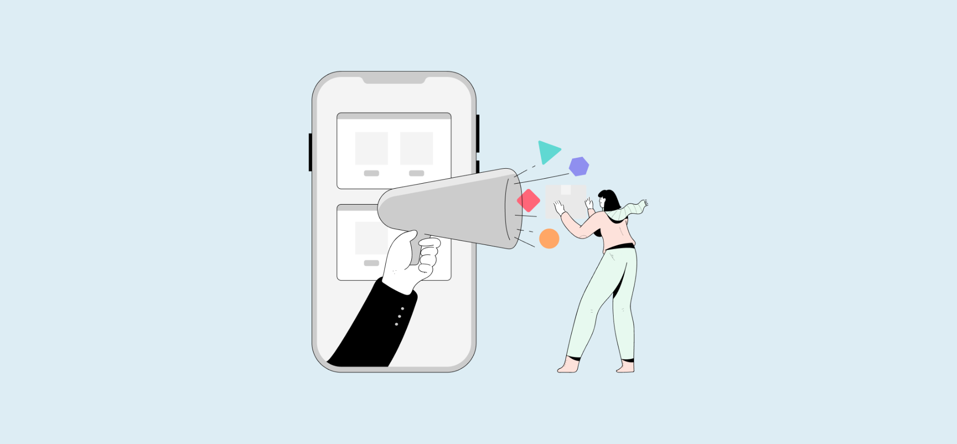 An illustration of a megaphone coming out of a phone, representing sending customer feedback to jira.