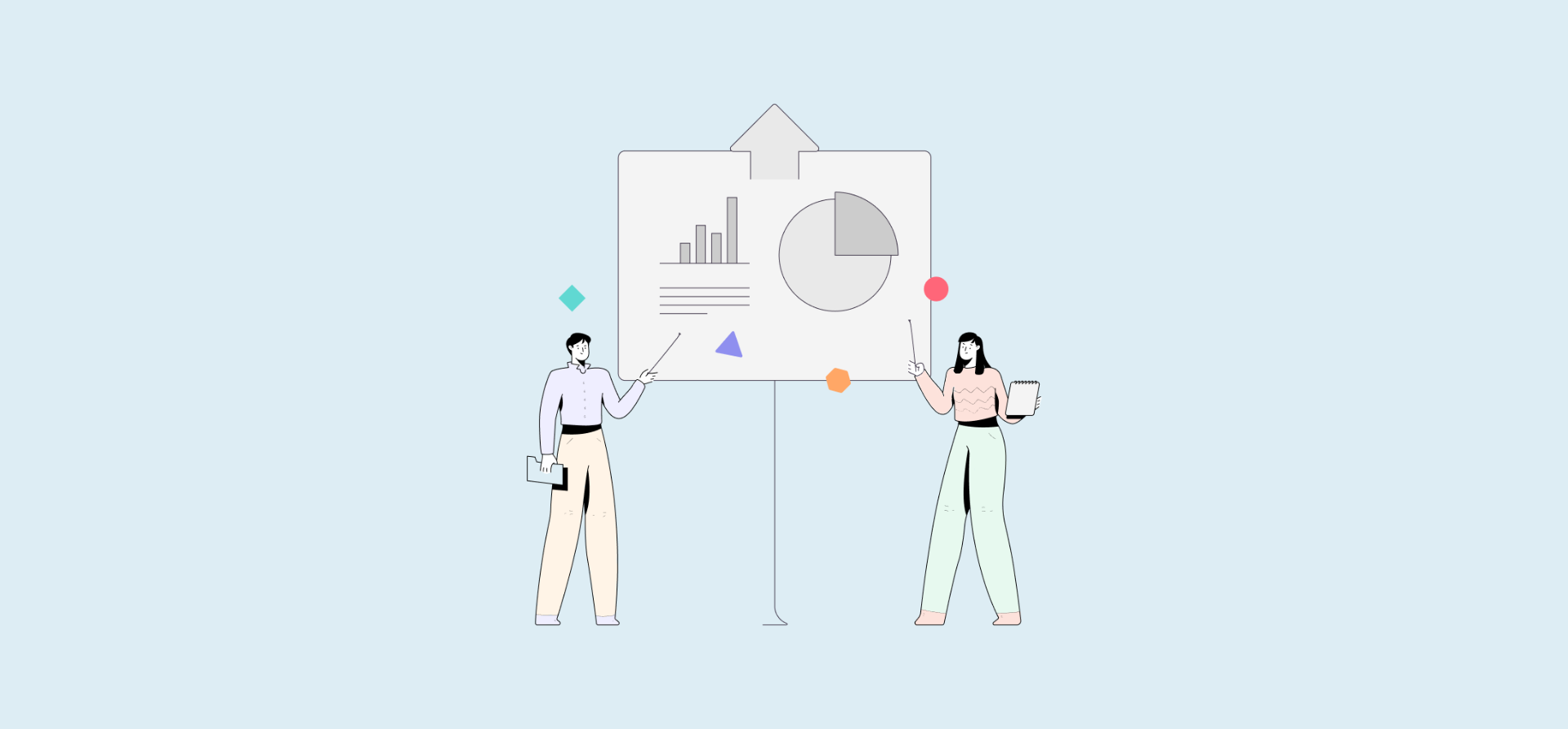 An illustration of a man and woman in front of charts, representing a product-engineering dashboard.