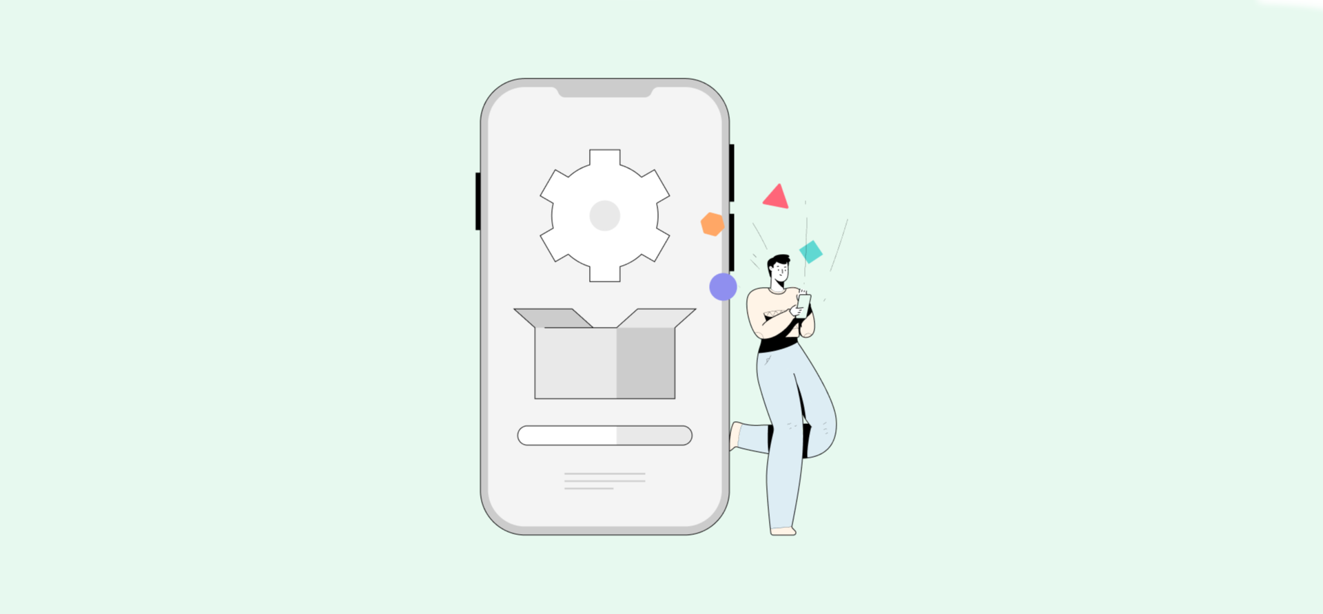 An illustration of a man leaning against a phone showing a gear going into a box, representing SaaS integration platforms.