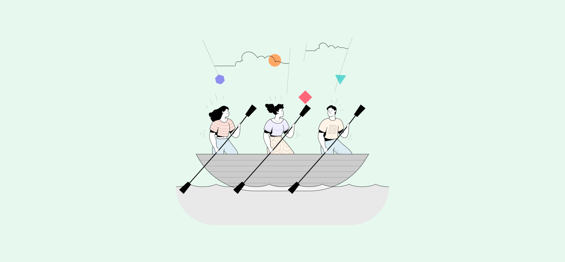 An illustration of three people rowing a boat, representing workflow integration software.