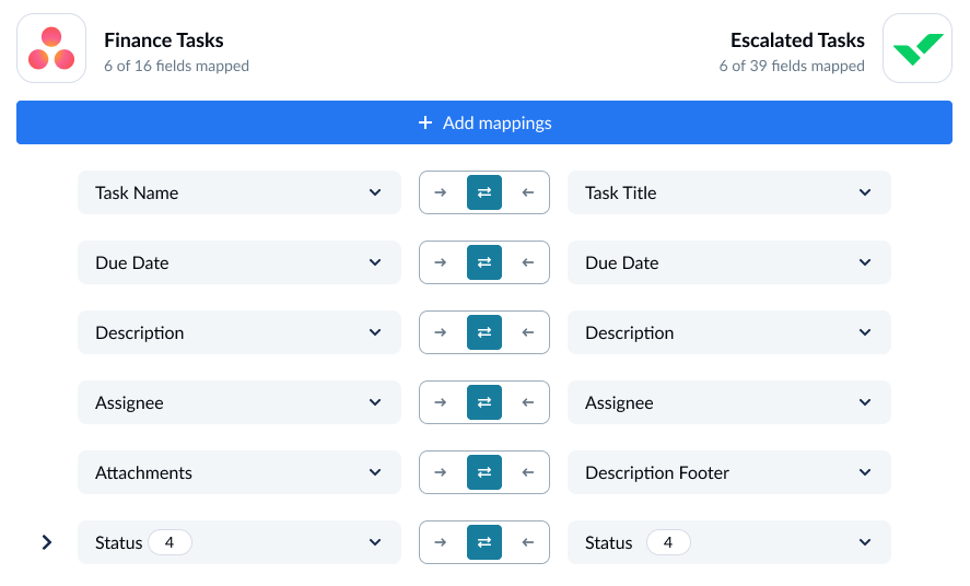 A screenshot of the field mapping screen in Unito, with Asana and Wrike connected.