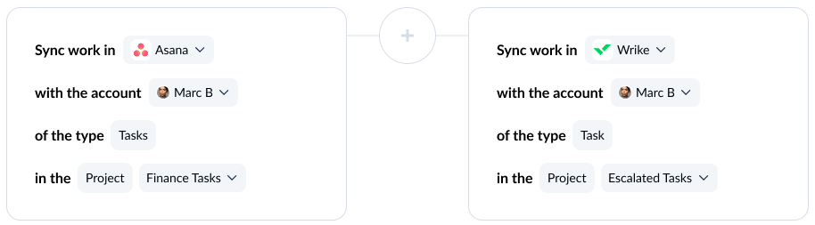 A screenshot of the tool connection screen in Unito, with Asana and Wrike connected.