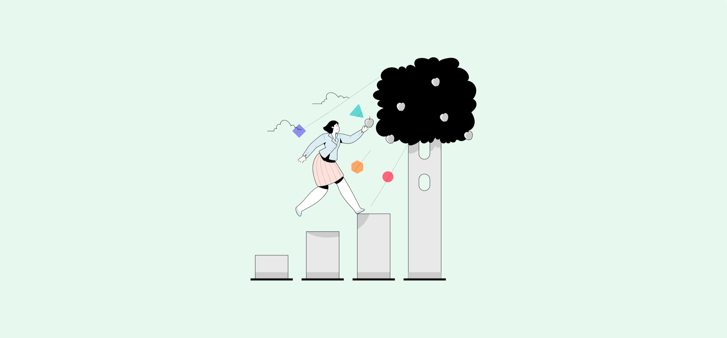 An illustration of a woman in business attire climbing a bar graph to pick an apple, representing agile frameworks.