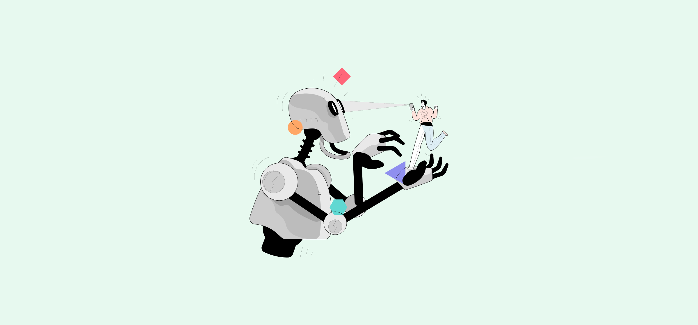 An illustration of a robot holding up a man with a phone, representing Asana workflow automation.