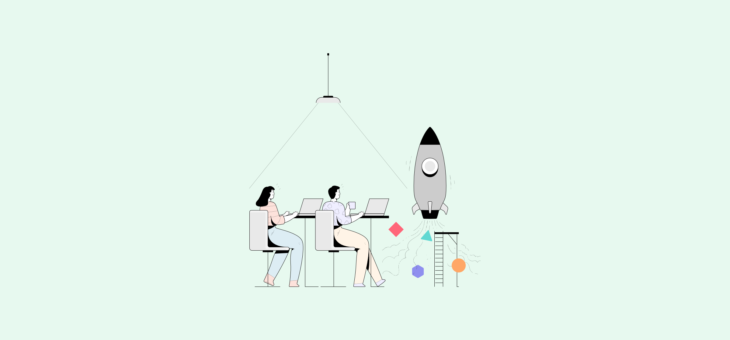 An illustration of a man and woman planning a rocket launch, representing integrated project management.