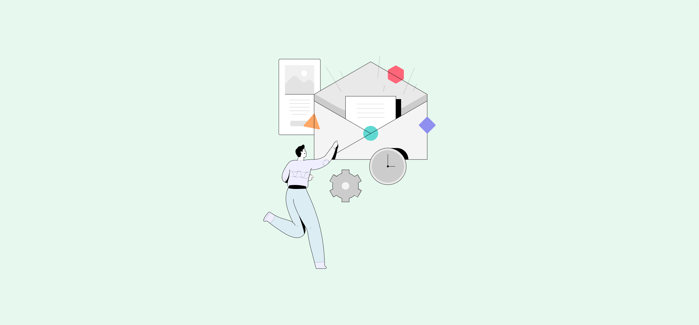 An illustration of a man by an envelope with gears, representing workflow integration.
