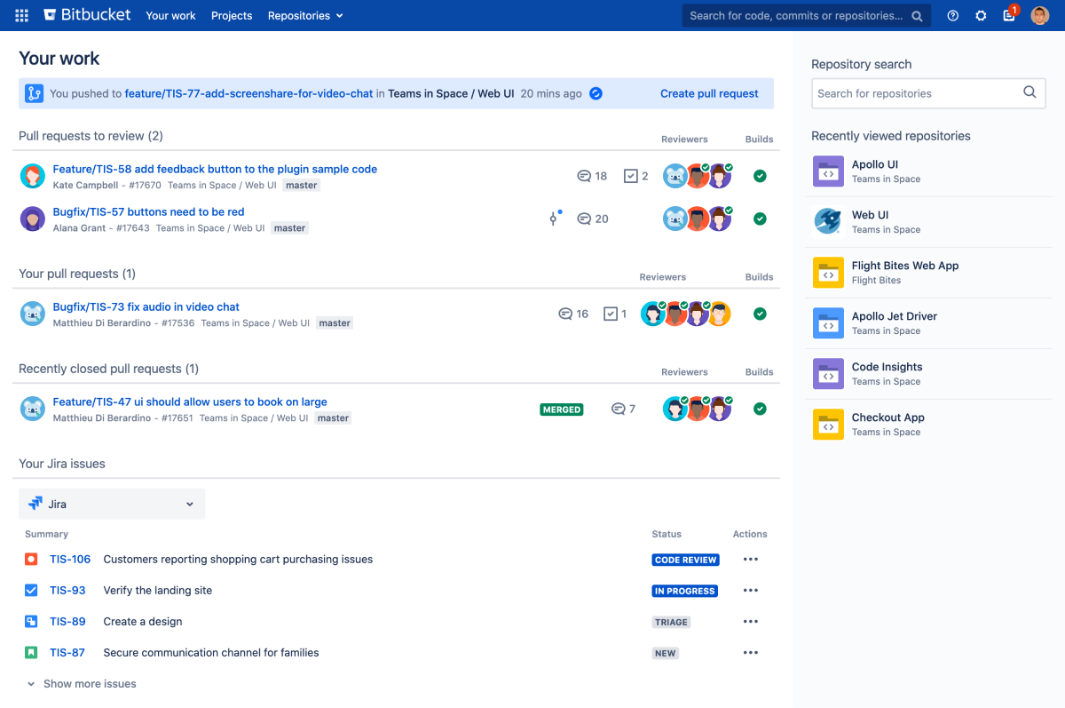 A screenshot of a built-in integration for Jira and Bitbucket.