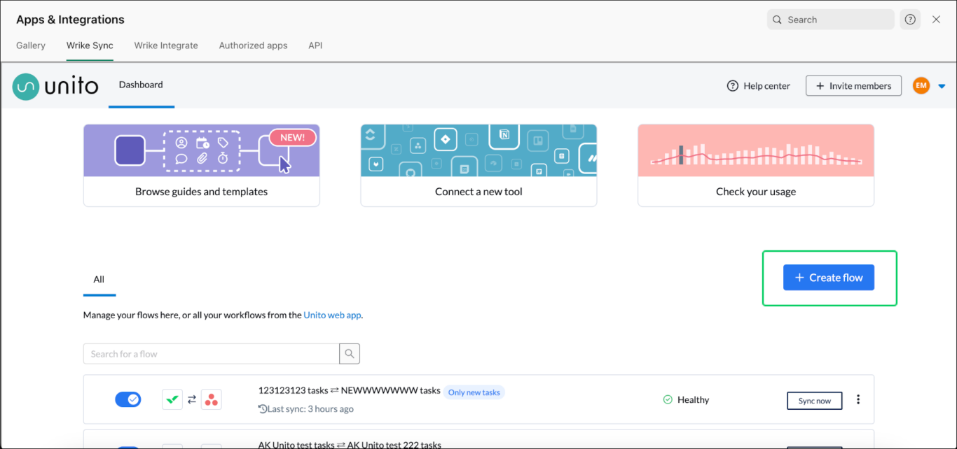 A screenshot of Unito's flow builder, through the Wrike Sync interface.