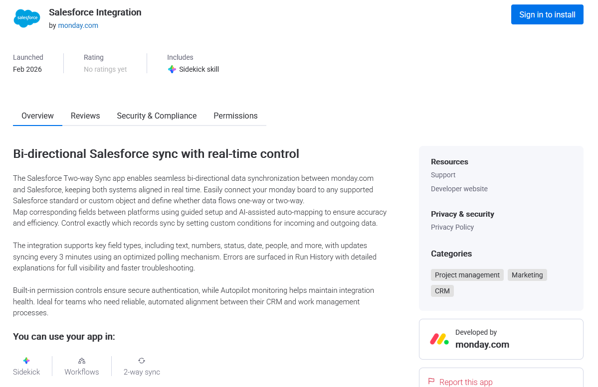 A screenshot of a listing for a Salesforce Integration on the monday.com marketplace.