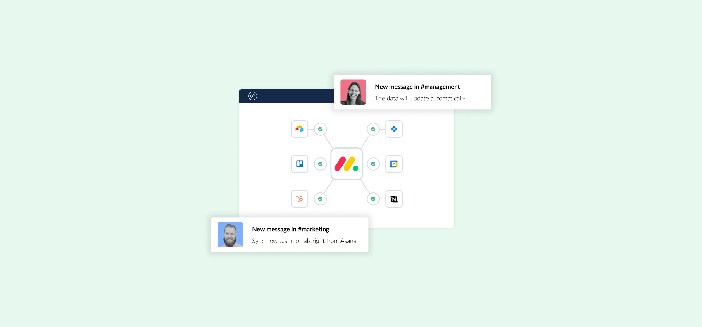 An illustration with logos for monday.com an dother tools, representing monday.com integration.