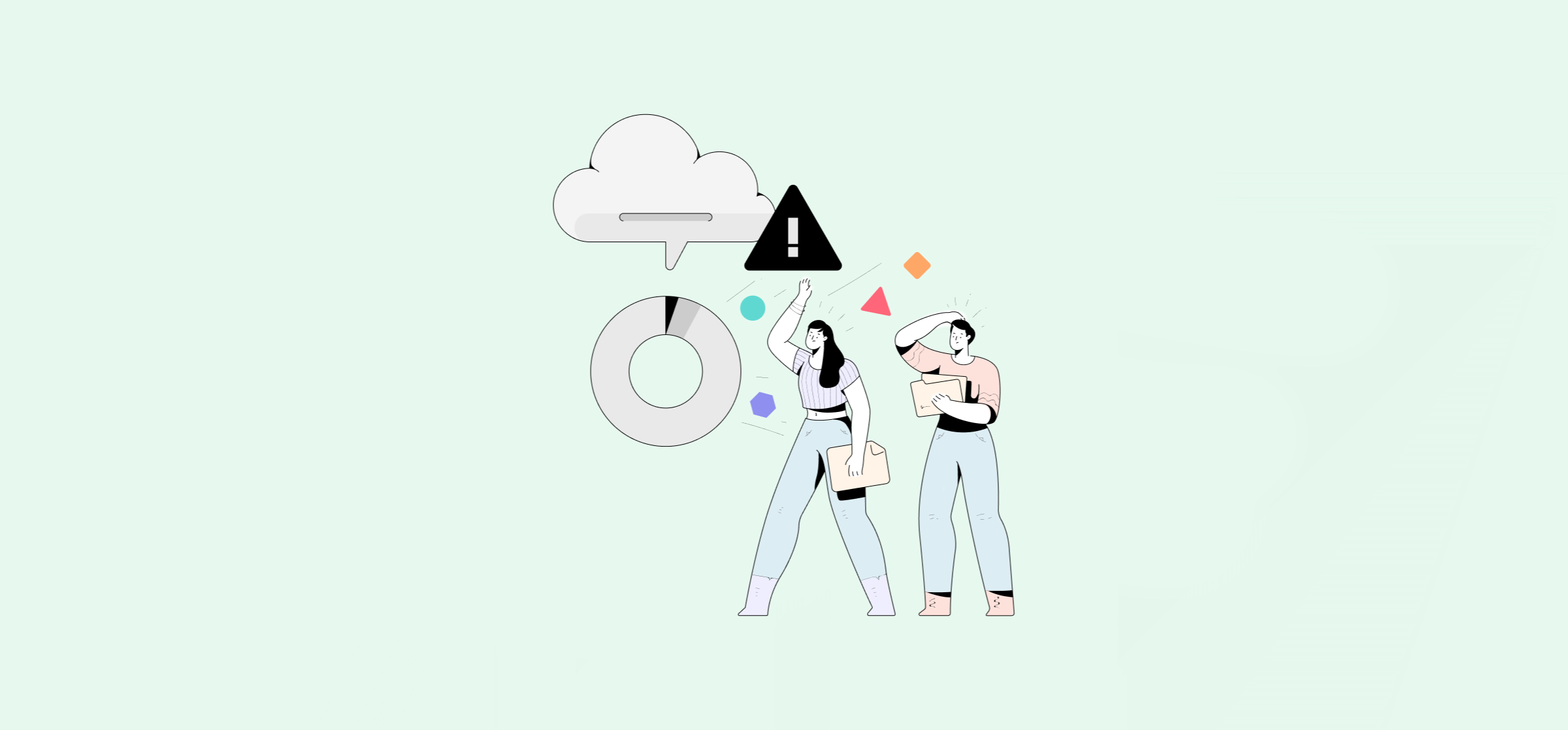 An illustration of two people under a cloud and a warning sound, representing one-way automations and incident response.