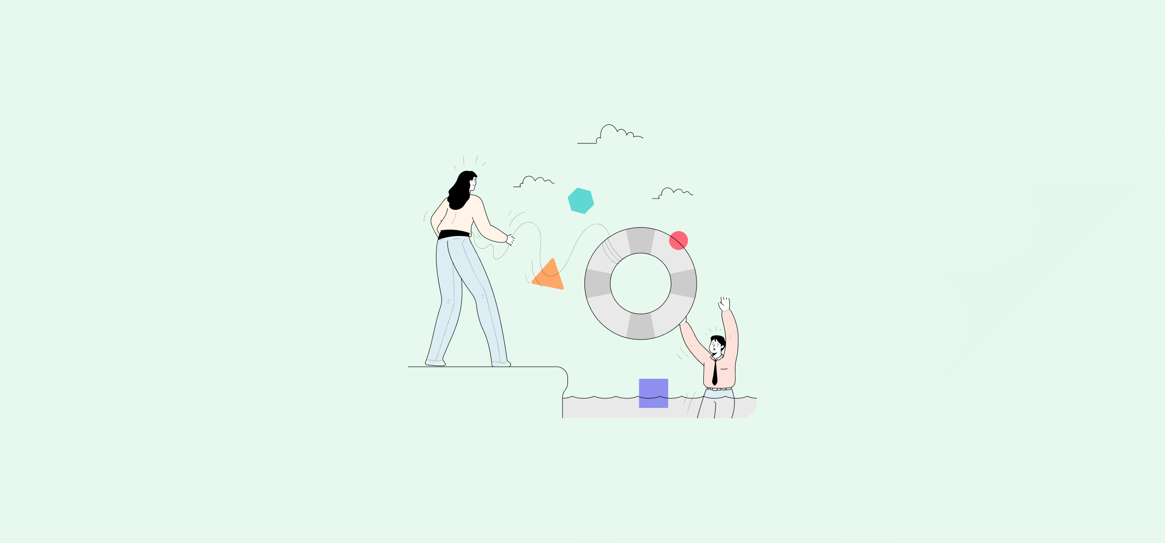 An illustration of a woman throwing a lifering at a swimming man, representing an integration backlog.