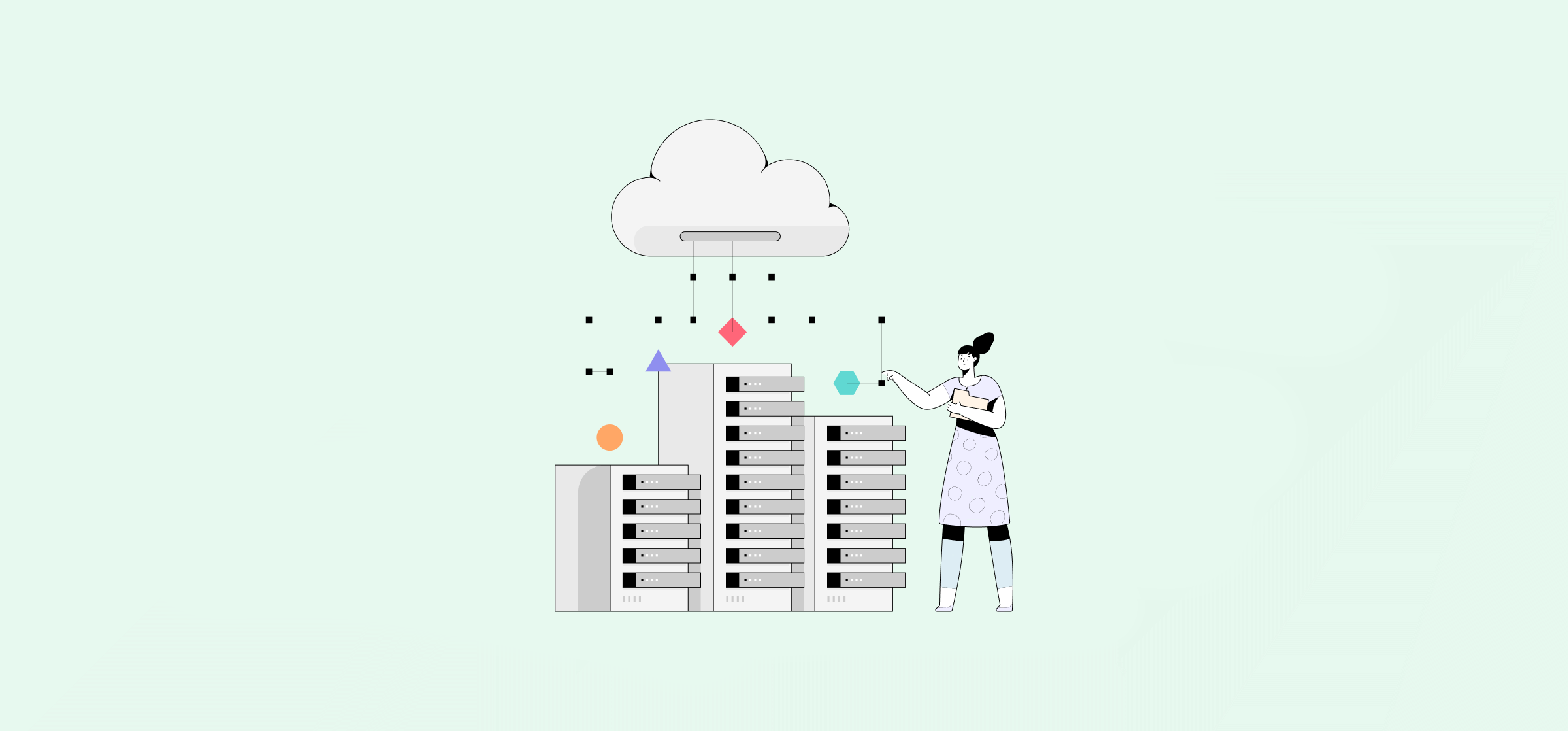 An illustration of a woman managing servers, representing integration governance.