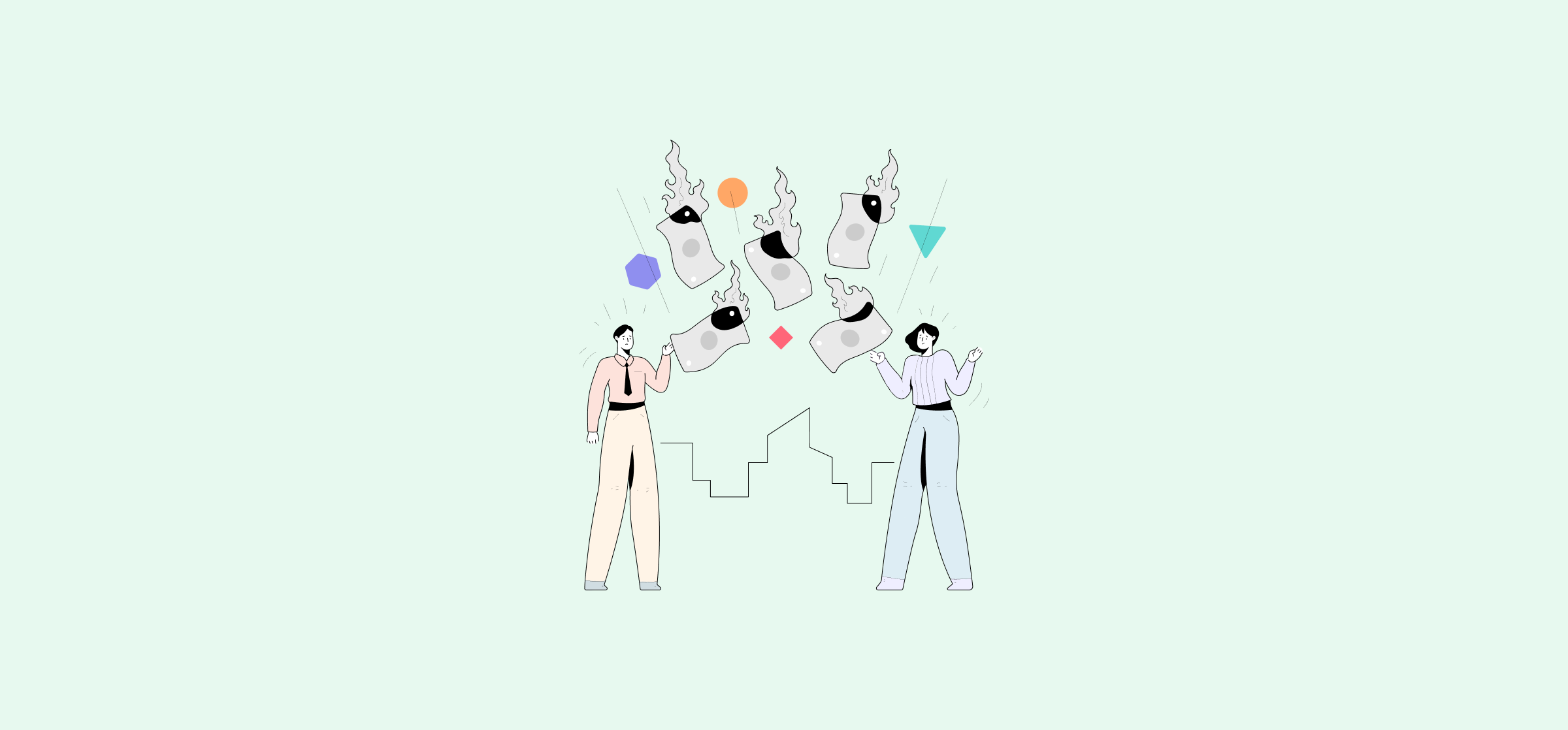 An illustration of two people standing under falling, burning money, representing a growing integration stack.