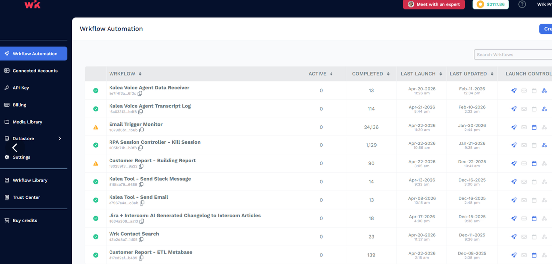 A screenshot of Wrk, a no-code workflow automation tool.