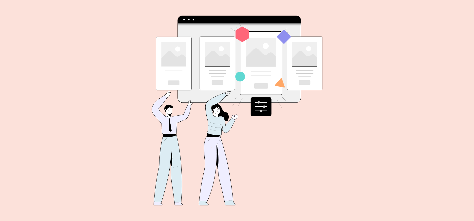 An illustration of two people pointing up at a series of files, representing cross-functional reporting and manual data pulls.