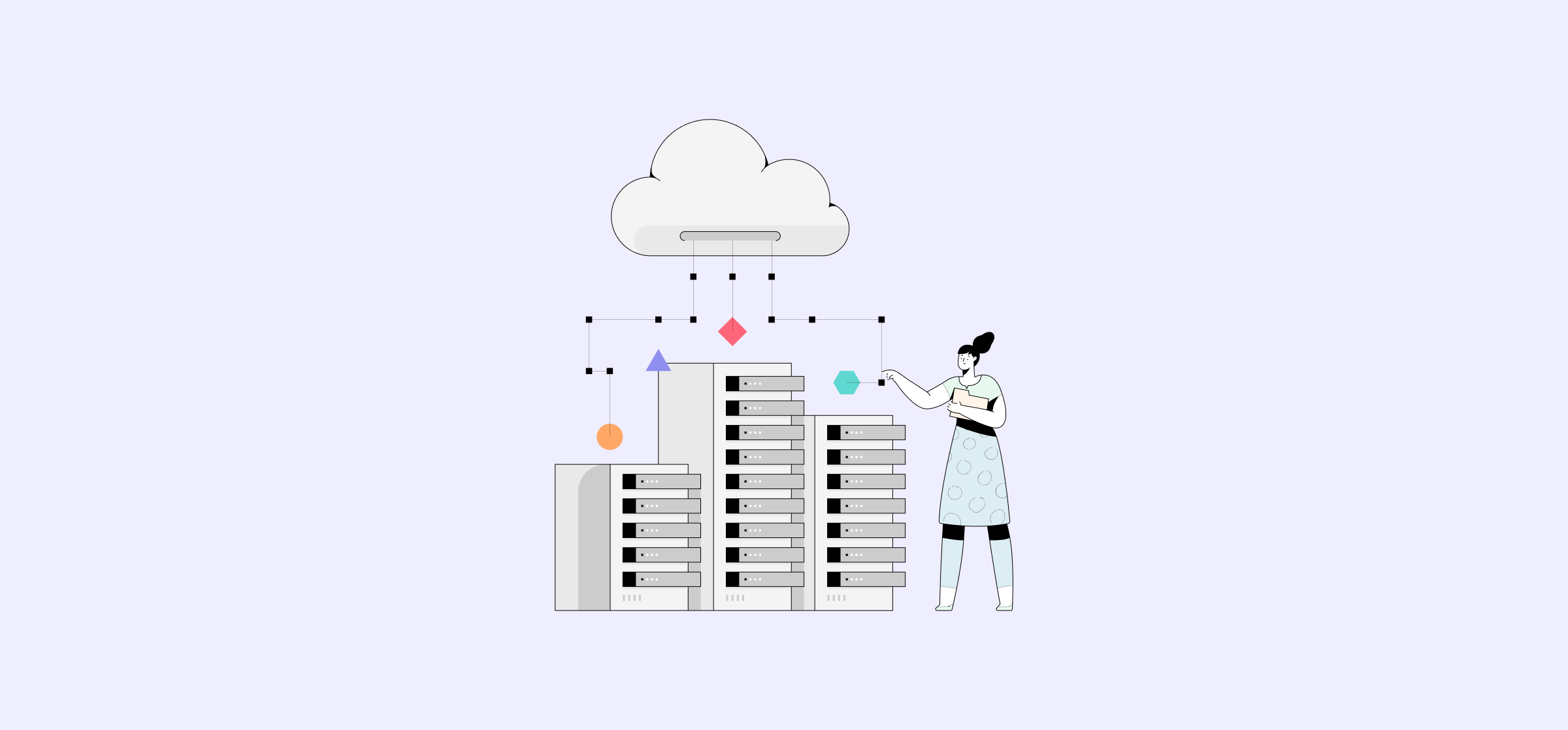 An illustration of a woman with a server, representing AI context.