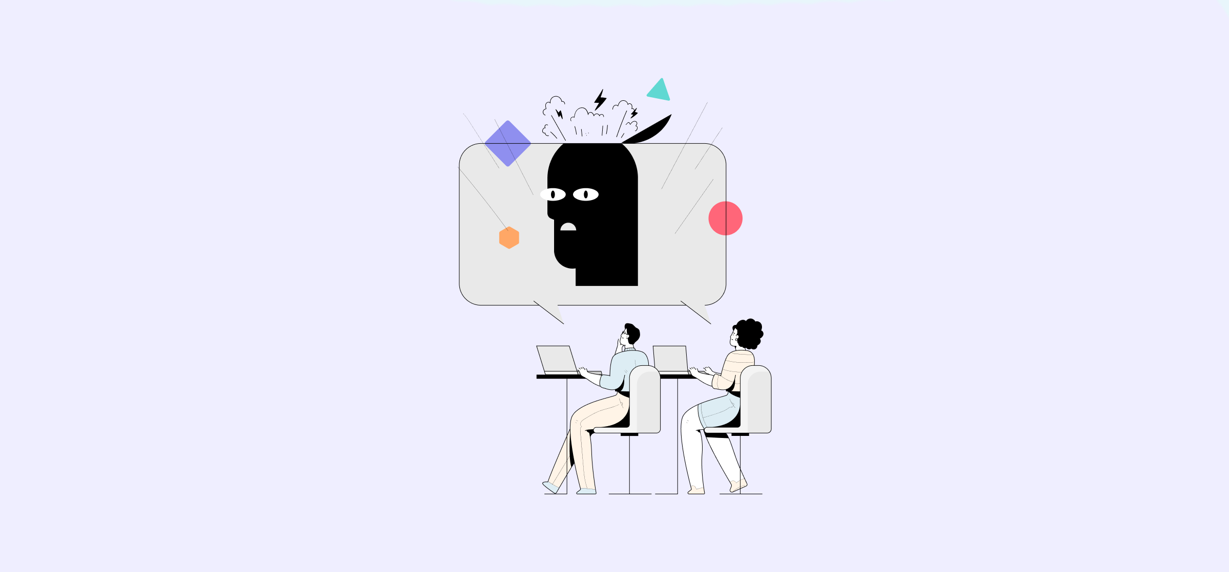 An illustration of two people at their computers, under a head exploding, representing AI agent failure rates.