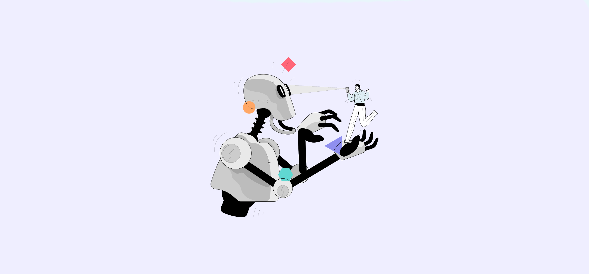 An illustration of a man sitting in a robot's palm, representing organizational AI context.
