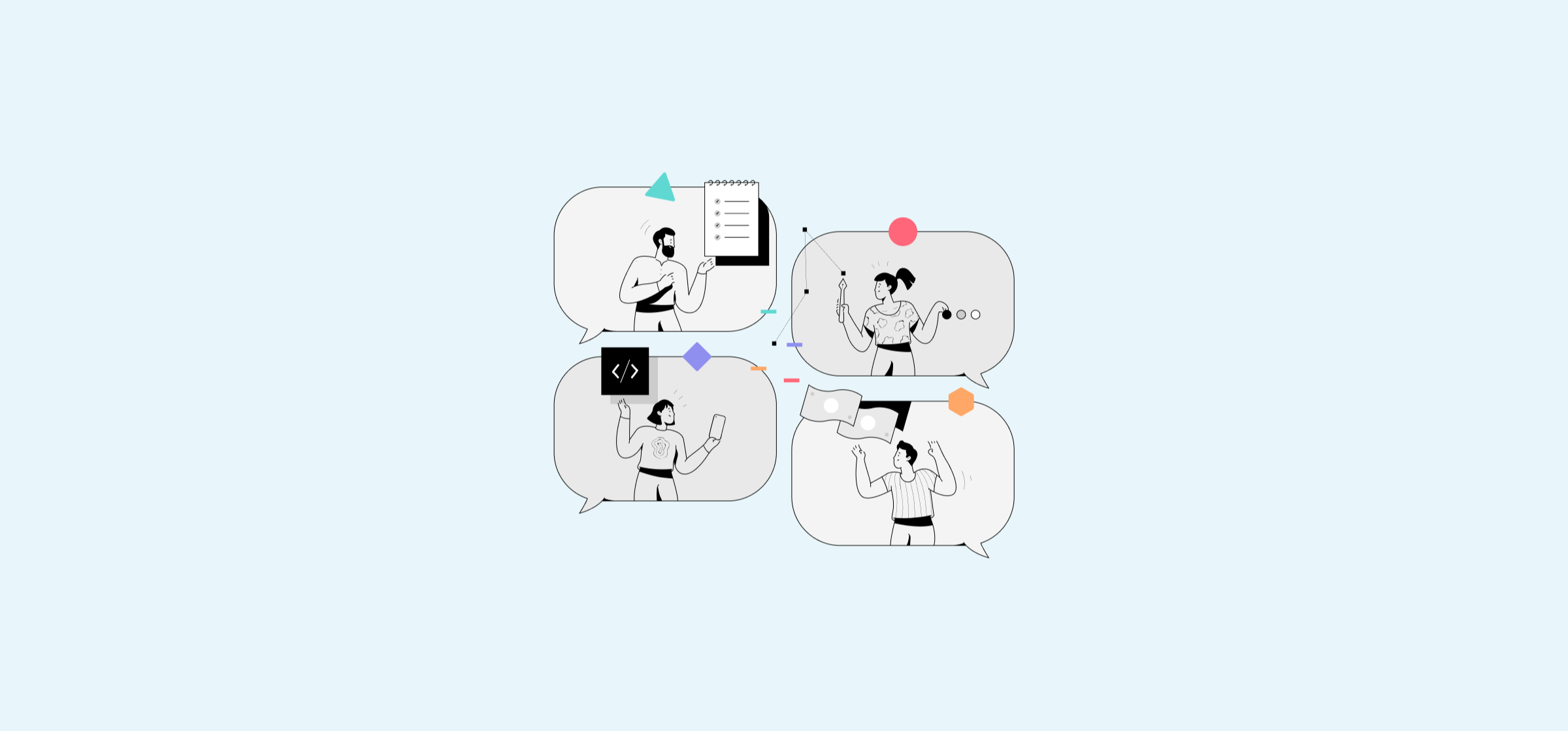 An illustration of people talking from speech bubbles, represented distributed engineering integration.