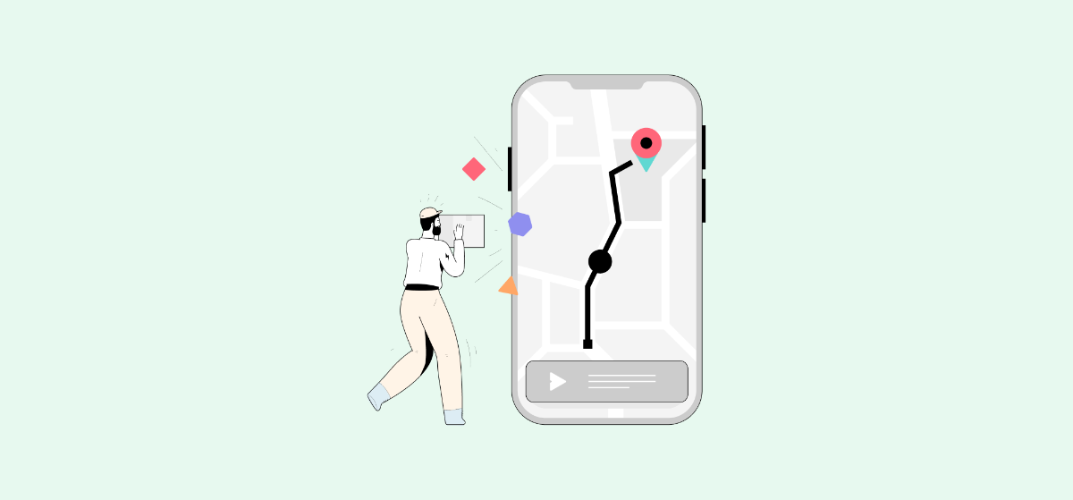 An illustration of a person tracking a path on a giant cellphone, representing real-time synchronization for SaaS.