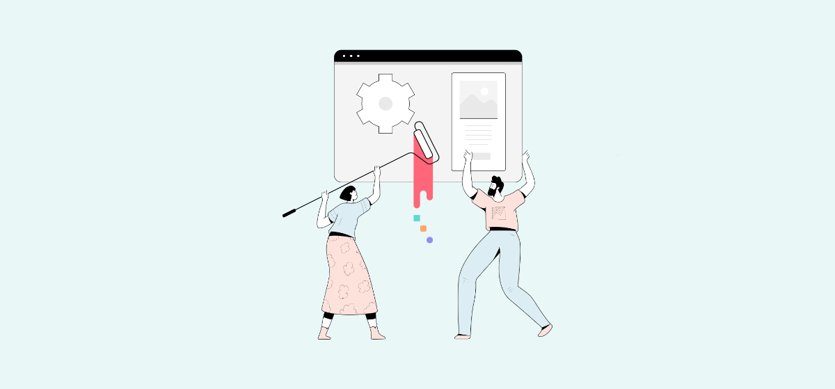 An illustration of two people painting over an application window, representing workflow automation for SaaS.