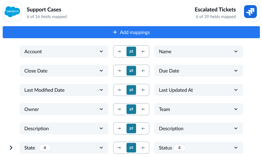 A screenshot of field mappings in Unito.